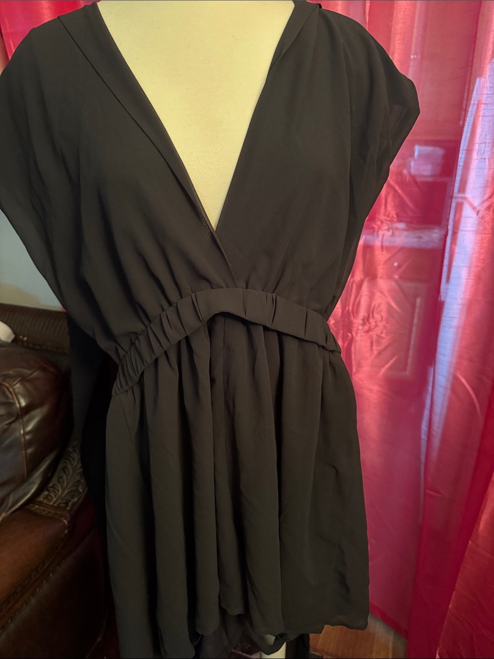 Black V-Neck Gathered Waist Women's Dress